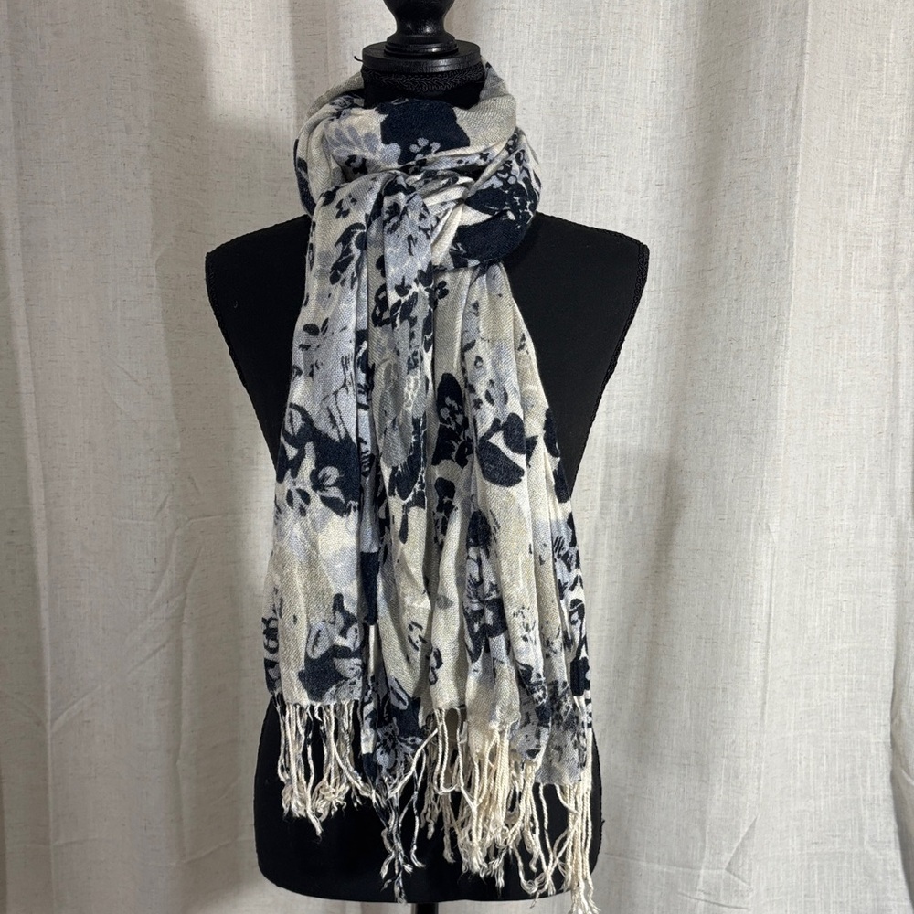 Elegant Floral Scarf in Navy, Gray and White